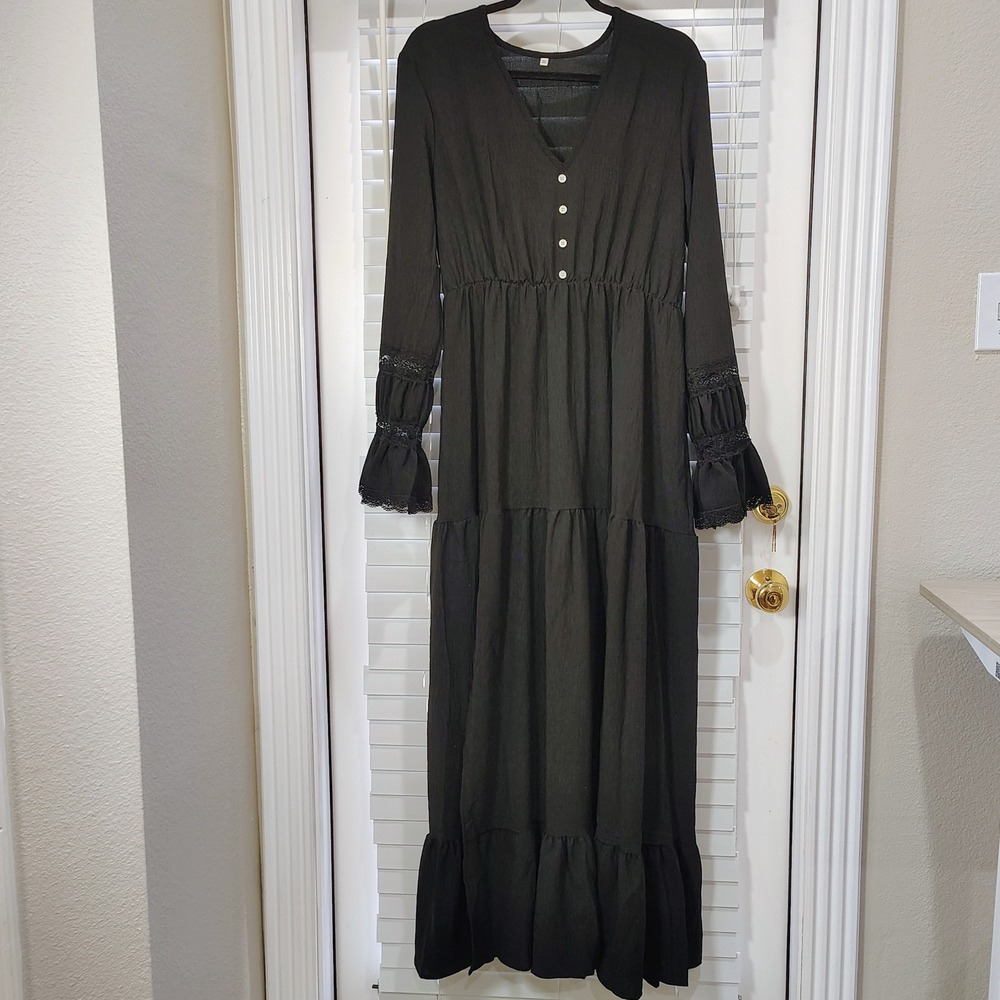 Whimsigoth Maxi Dress Women XL Lace Bell Sleeve Tiered Slit Renaissance Gothic